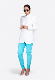 Tailored white linen blazer, front close-up – East Vibe